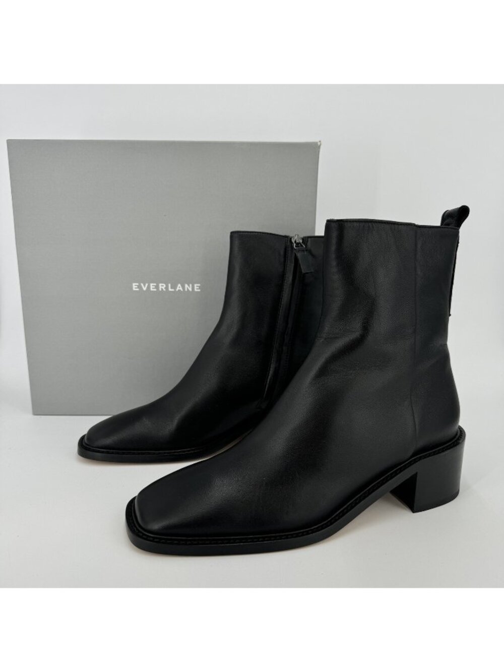 Everlane The City Boot in Black Leather sz 5 Women's Side Zip Block Heel Ankle